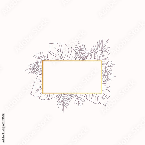 Monstera and Fern Tropical Leaves Blank Banner or Label Template. Abstract Foliage with Horizontal Rectangle Golden Frame. Good for Wedding or Party Invitation, etc. Isolated