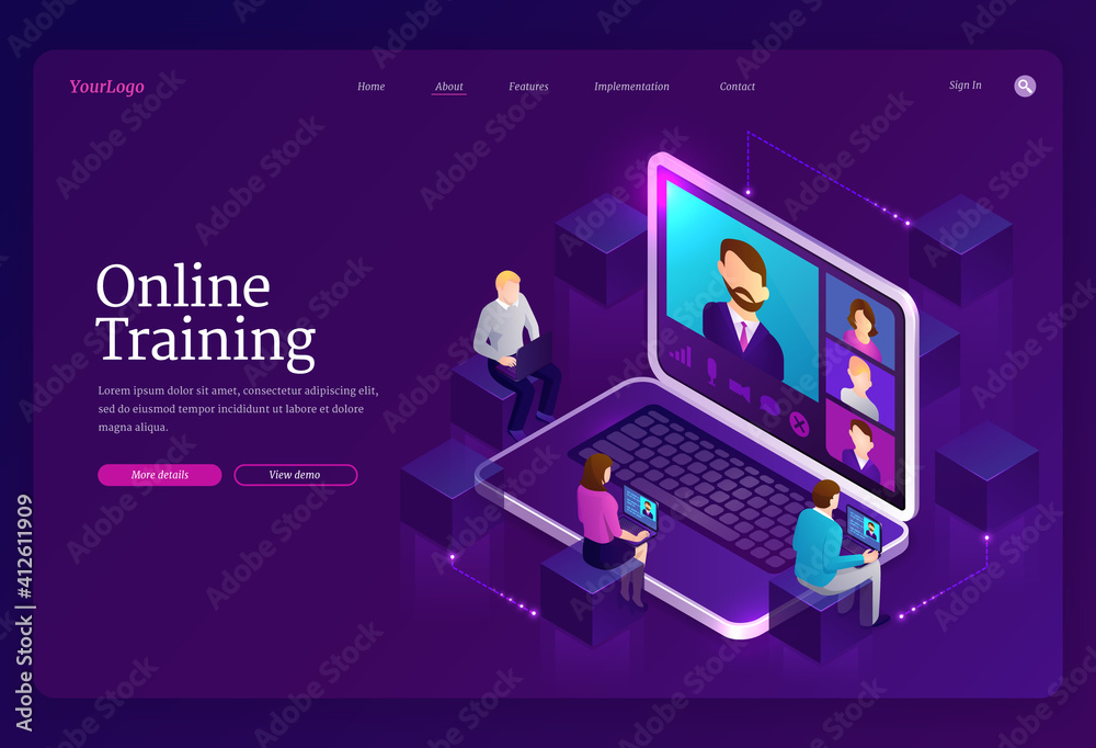 Online training banner. Digital service for internet education, distance study. Vector landing page of elearning with isometric laptop with teacher on screen and learning people Online training banner. Digital service for internet education, distance study. Vector landing page of elearning with isometric laptop with teacher on screen and learning people