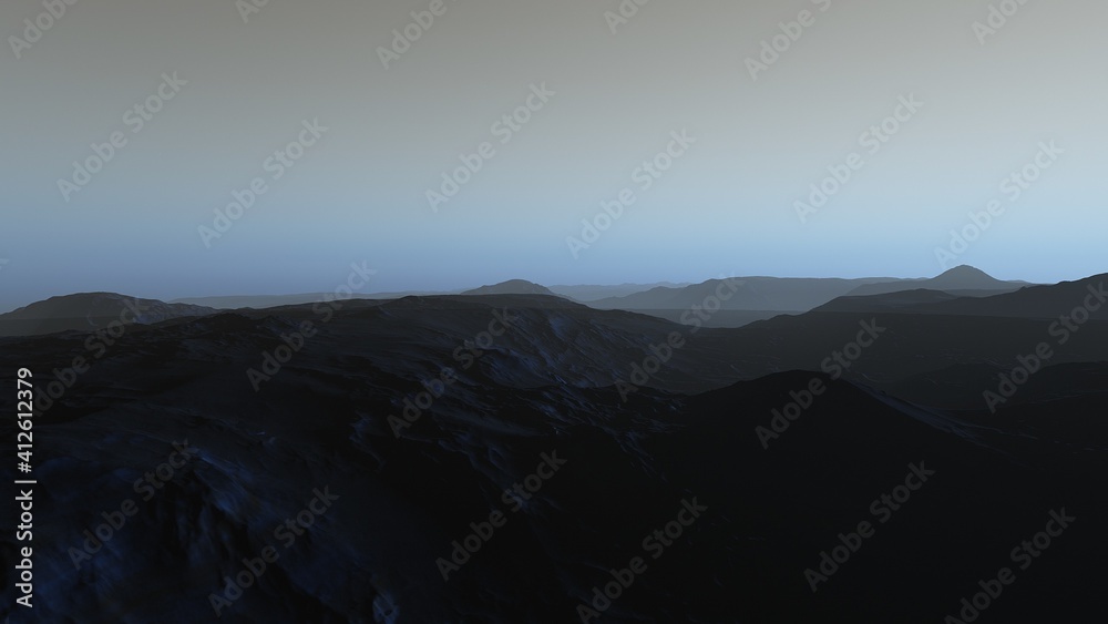 realistic surface of an alien planet, view from the surface of an exo-planet, canyons on an alien planet, stone planet, desert planet 3d render