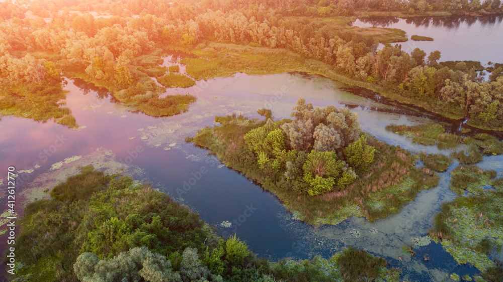 amazing spring (summer) landscape. aerial view of green  forest and blue river. drone shot