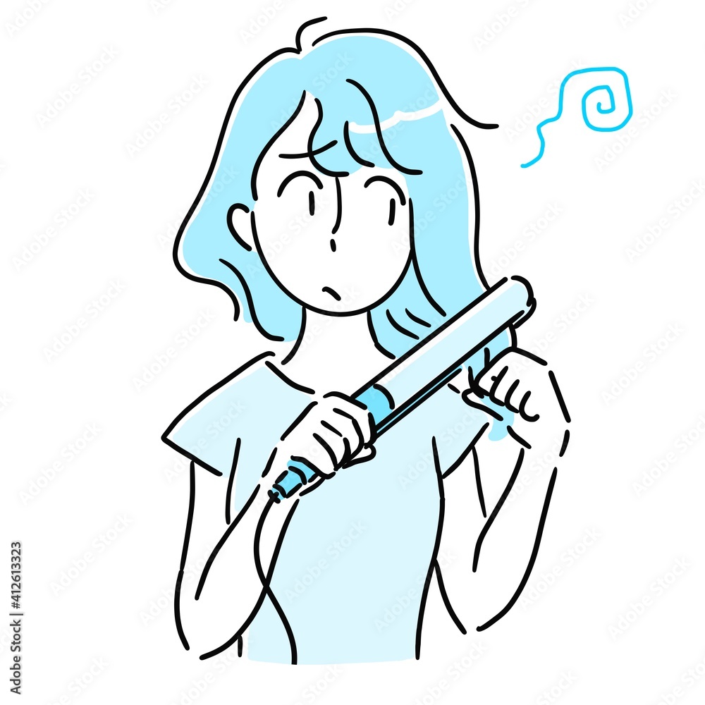 天然パーマ くせ毛に悩む女性がヘアアイロンをしているイラスト Ilustracion De Stock Adobe Stock