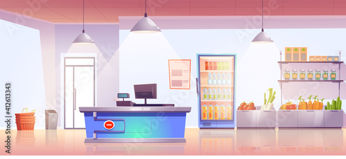 Grocery store with cashier desk empty shop interior with production on shelves and cold drinks in refrigerator, fresh vegetables. Product market, local food retail place, Cartoon vector illustration