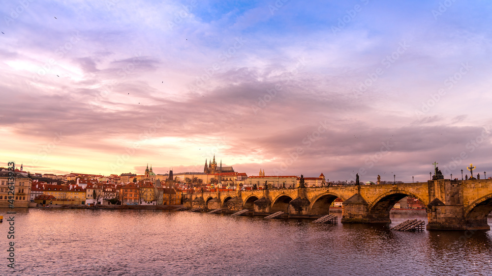 View of Prague historical center with the castle,Hradcany and Vltava.