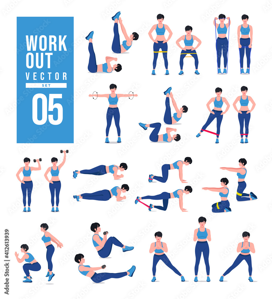 Women Workout Set. Women doing fitness and yoga exercises. Lunges, Pushups, Squats, Dumbbell rows, Burpees, Side planks, Situps, Glute bridge, Leg Raise, Russian Twist, Side Crunch .etc