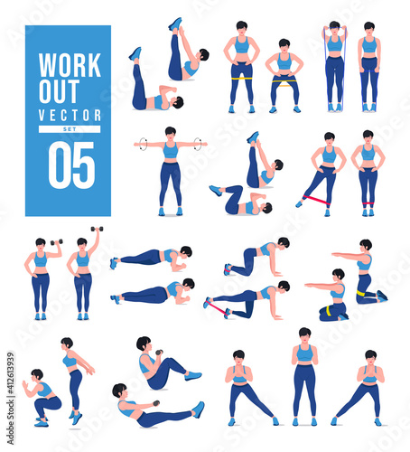 Women Workout Set. Women doing fitness and yoga exercises. Lunges  Pushups  Squats  Dumbbell rows  Burpees  Side planks  Situps  Glute bridge  Leg Raise  Russian Twist  Side Crunch .etc