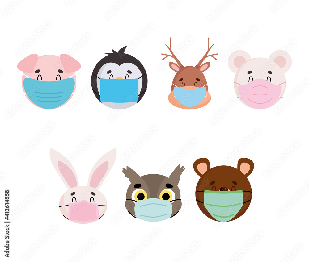 Naklejka premium icon set of cartoon animals with face masks, colorful design
