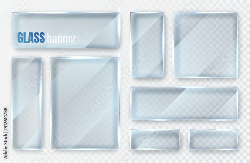 Glass plates set. Glass banners on transparent background. Flat glass clear window. Vector illustration