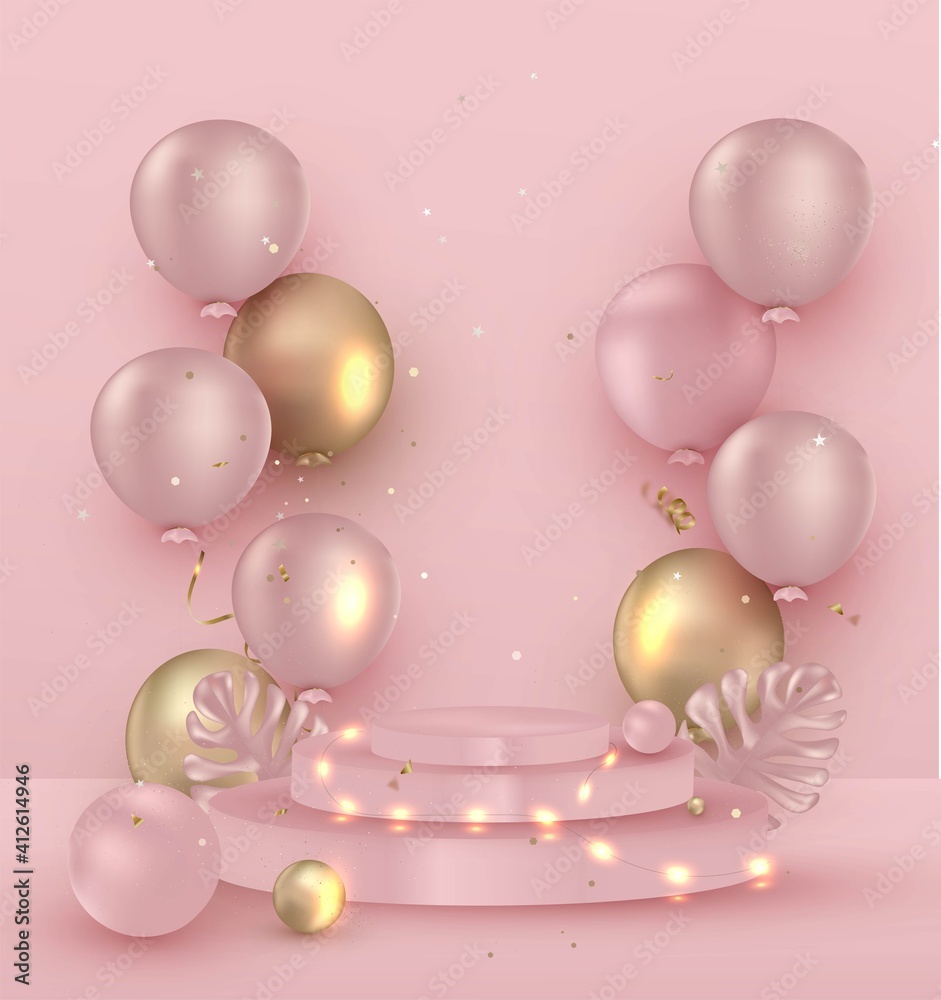 Pink background. Room with rose podium, helium balloons. Scene mockup for advertising, promotional sales, cosmetics ads. Celebration concept.Realistic vector.