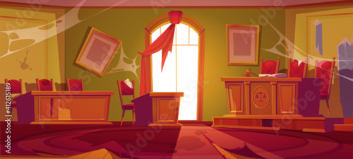 Old courtroom interior with broken judge table with hammer and mess. Vector cartoon illustration of abandoned room in courthouse with garbage, spiderweb, dirty and torn furniture
