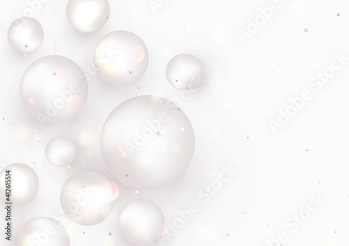 Minimalistic abstract horizontal background with white spheres, 3d balls,bokeh,particles.Geometric banner for mockup,social network greeting card, invitation, sales promotional. Realistic vector.
