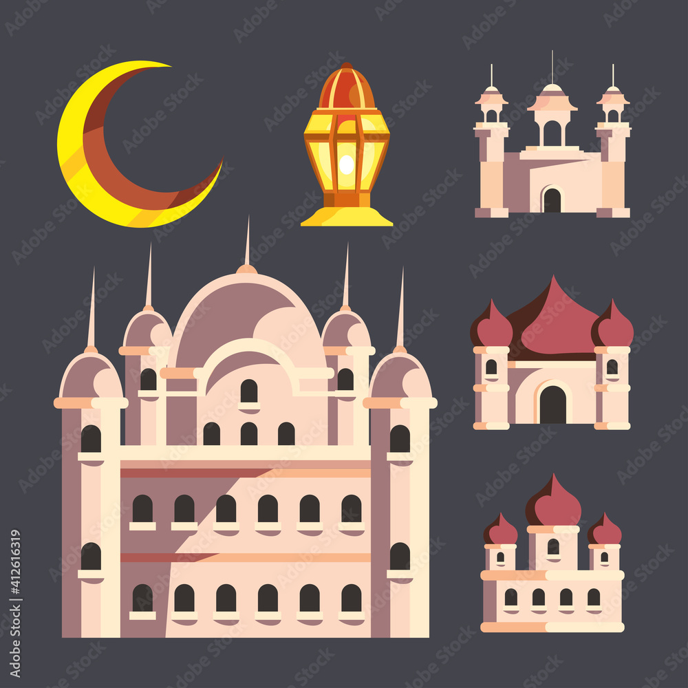 Ramadan mosques collection moon and lantern vector design