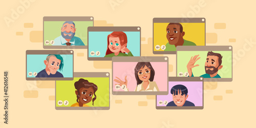 Diverse people virtual online video conference, multiple computer screens with multiracial characters chatting. Business colleagues or friends meeting, distant communication, Cartoon illustration