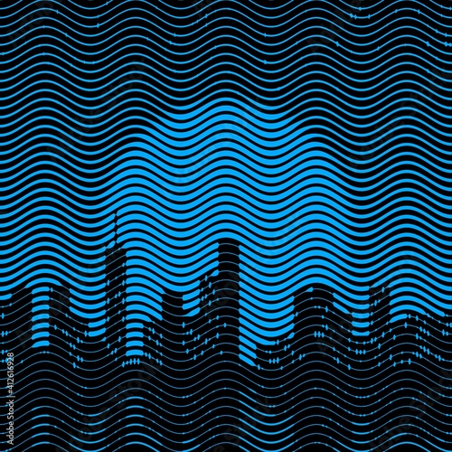 water reflection patterns shapes and abstract designs of stylized cityscape urban skyline silhouetted against blue light at dusk