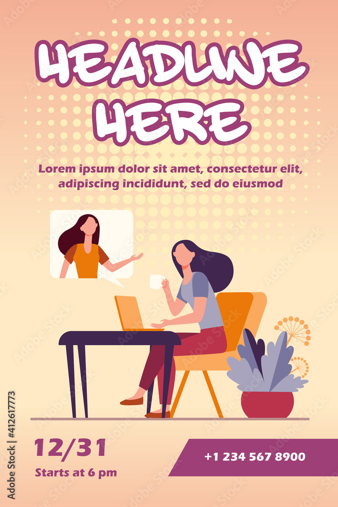 Woman using laptop and talking to friend. Video call, speech bubble, tea cup flat vector illustration. Communication, online video chat concept for banner, website design or landing web page Woman using laptop and talking to friend. Video call, speech bubble, tea cup flat vector illustration. Communication, online video chat concept for banner, website design or landing web page