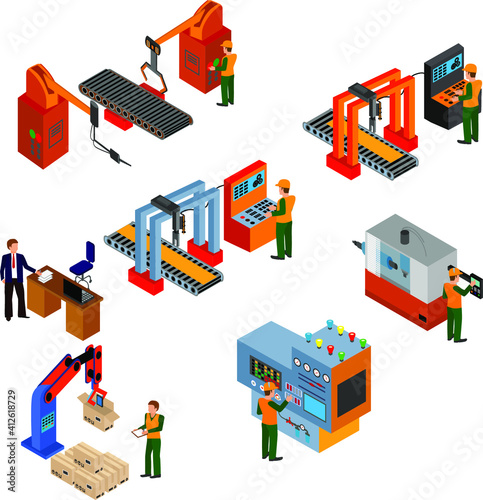 Isometric set mechanical equipment metal processing machines and human operator characters vector illustration