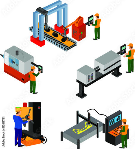 Isometric set mechanical equipment metal processing machines and human operator characters vector illustration