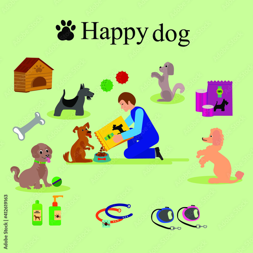 Fototapeta premium Dog products and accessories for pet . toys, food, collars, combs for pets.Teenage boy giving food to his puppy, dog, cartoon vector illustration on white background.