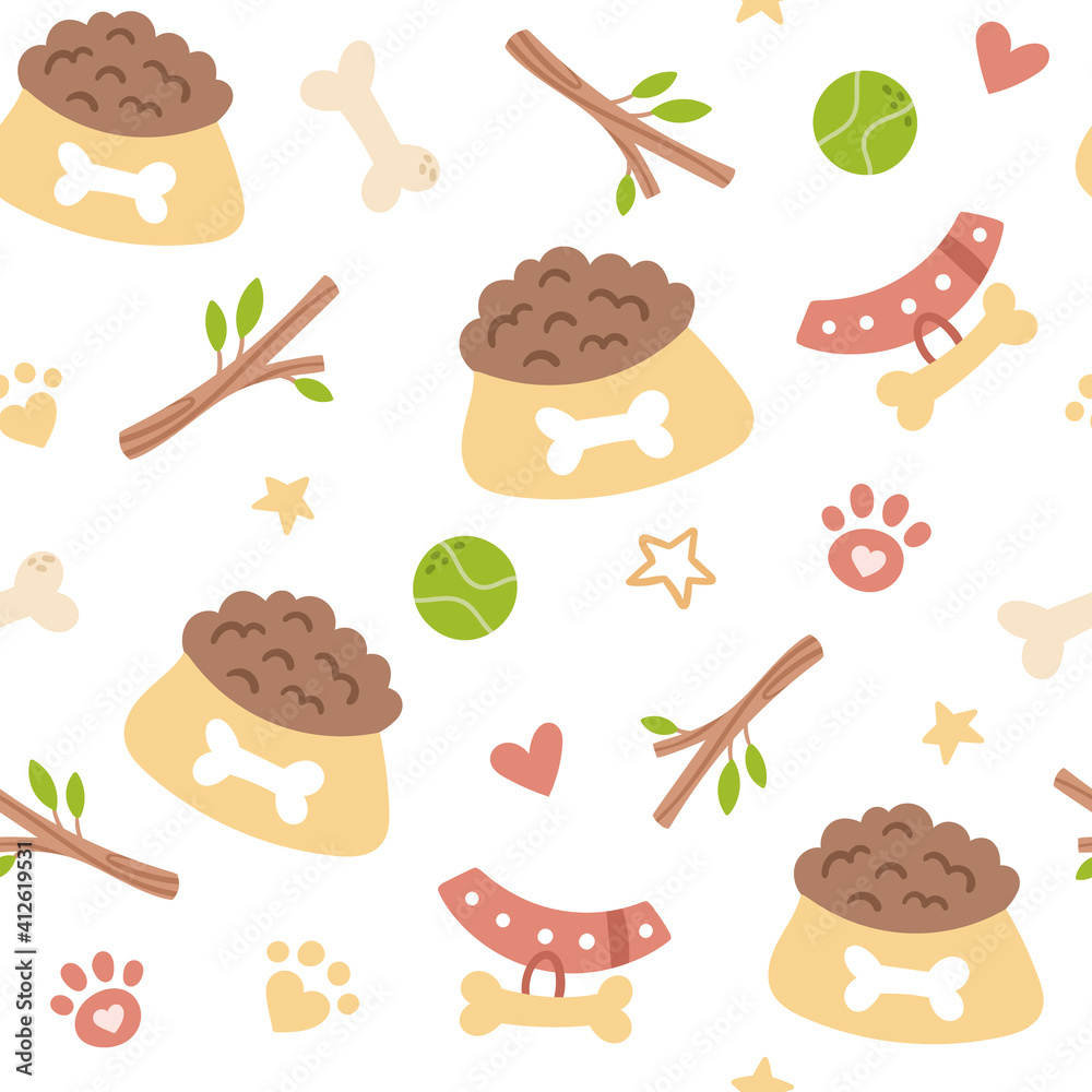 Fototapeta premium Dog kids seamless pattern, puppy or pets accessories and paw print digital paper, vector seamless background with cute cartoon toys for nursery textile, scrapbook, wrapping