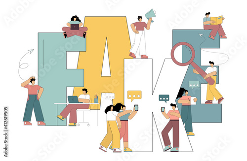 Fake news concept. Metaphor of deception, falsification. Media propaganda. Little people reading newspapers and information from social networks on the Internet.