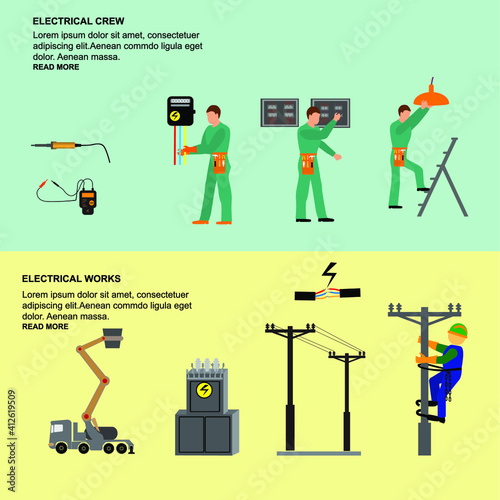 Energy, electricity, power icons in colors
Flat icons set of repairmen electricians handymen figures and electric equipments isolated vector illustration
