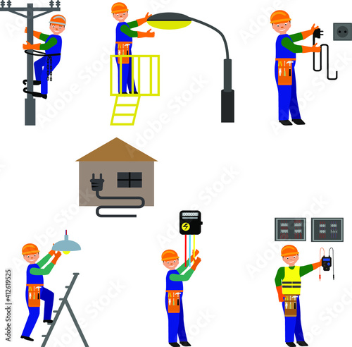 Energy, electricity, power icons in colors
Flat icons set of repairmen electricians handymen figures and electric equipments isolated vector illustration
