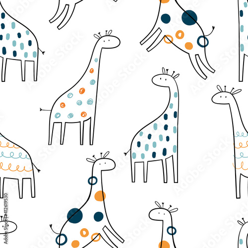 Vector hand-drawn colored childish seamless repeating simple pattern with cute giraffes in scandinavian style on a white background. Cute baby animals. Pattern for kids with giraffes. Kids design.