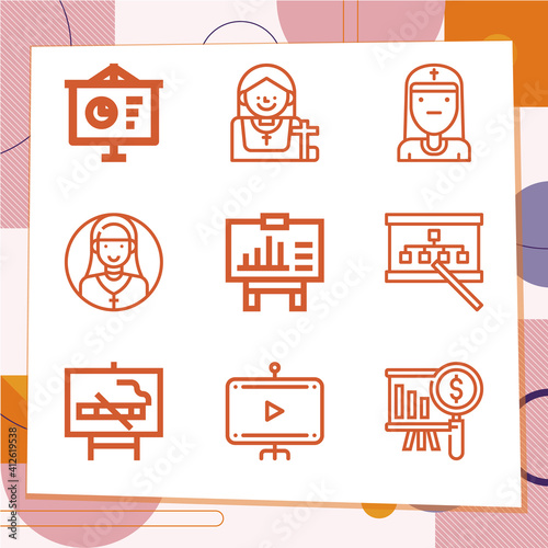 Simple set of 9 icons related to convent