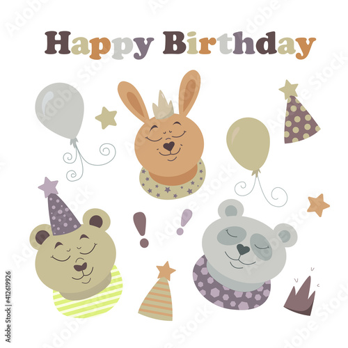 Birthday Collection of Bear, Rabbit and Panda. Cute animals, balloons, crown, and stars. Children's set for postcards, invitations or stickers
