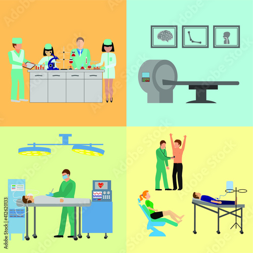 Medical boarding house icons set. Flat design vector illustration concepts of education and science. Square banners with science symbols. Science Lab, Testing, Analysis, Scientist.