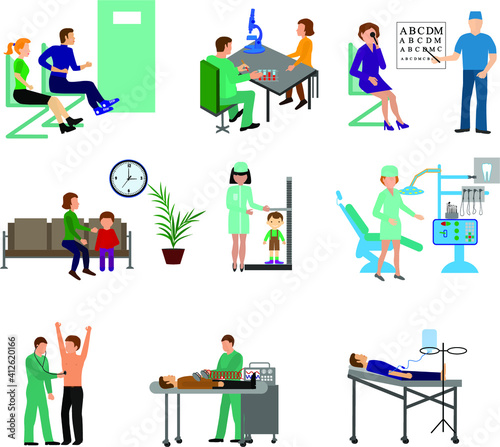 Medical boarding house icons set. Flat design vector illustration concepts of education and science. Square banners with science symbols. Science Lab, Testing, Analysis, Scientist.