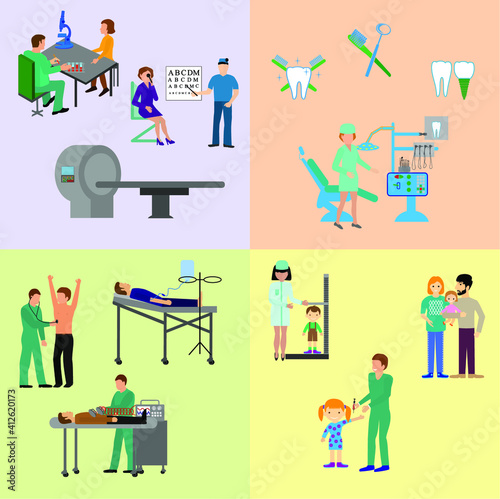 Medical boarding house icons set. Flat design vector illustration concepts of education and science. Square banners with science symbols. Science Lab, Testing, Analysis, Scientist.