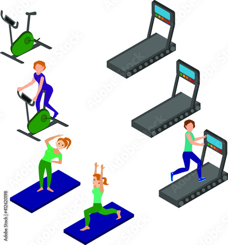 Fitness activities supplements and exercises for men and women isometric icons collection abstract isolated vector illustration