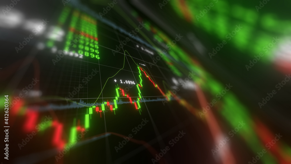 Business investment finance analysis data statistics digital stock market exchange forex trading graph chart financial candlestick indicator screen board abstract graphic design background. 3d render. Business investment finance analysis data statistics digital stock market exchange forex trading graph chart financial candlestick indicator screen board abstract graphic design background. 3d render.