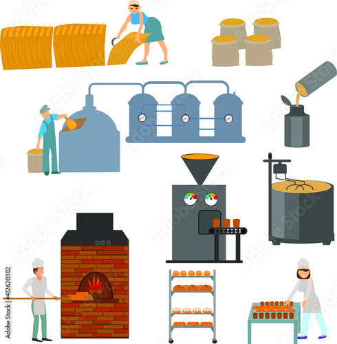 Agriculture.Production of bread, harvest, processing of grain,natural food farmer products, sale, vector illustration Factory and the production of bread.