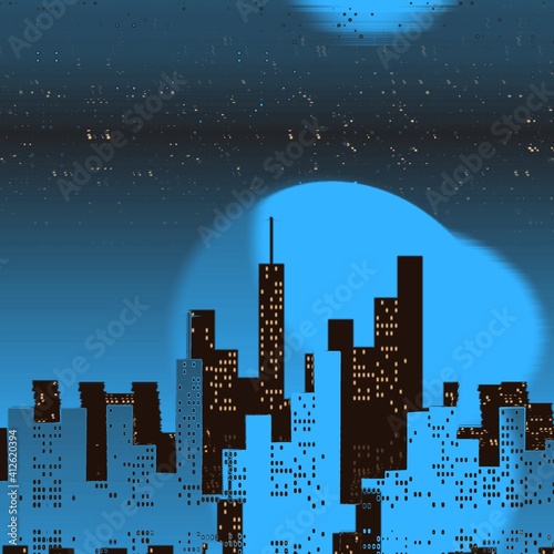 water reflection patterns shapes and abstract designs of stylized cityscape urban skyline silhouetted against blue light at dusk