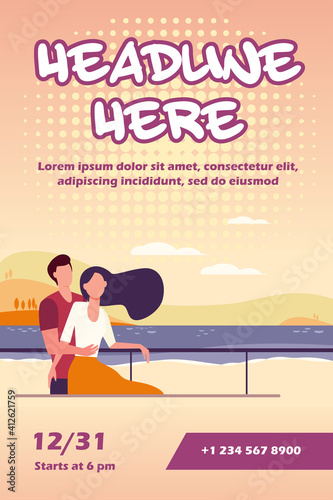 Dating couple enjoying vacation by sea. Man and woman hugging on beach flat vector illustration. Tourism, leisure, summer concept for banner, website design or landing web page