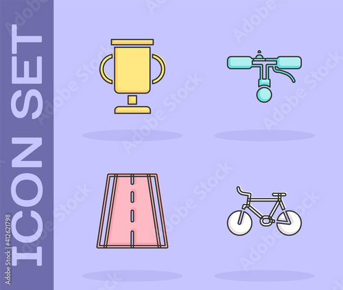 Set Bicycle, Award cup with bicycle, lane and handlebar icon. Vector.