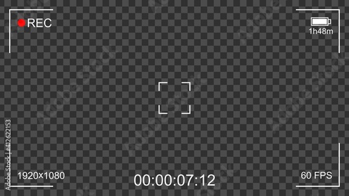Camera rec interface viewfinder with transparent background, digital focus and exposure settings. Screen photography frame with battery status, video quality, Image stabilization. Vector illustration