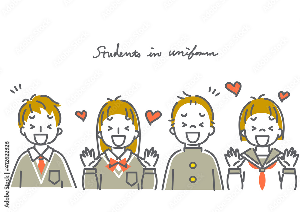 中学生 高校生 男女４人 のシンプルでかわいい線画イラスト素材セット Indeks Malarzy Plakaty