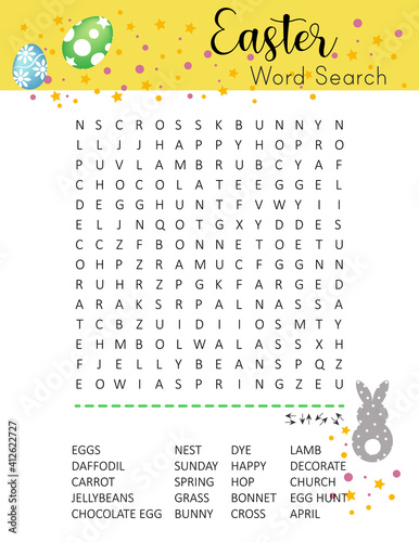 Easter word search puzzle. Educational game for kids. Holiday crossword. Party card.  
Сolorful worksheet for learning English words. 
