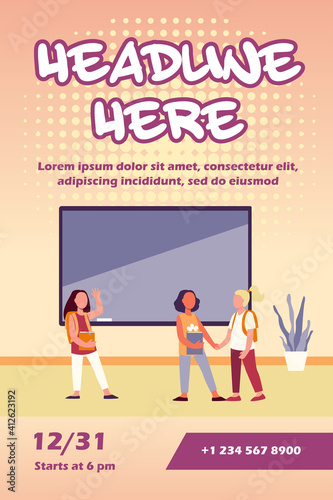 Schoolgirls meeting in classroom. Group of friends, classmates holding hands, waving hello flat vector illustration. Communication, friendship concept for banner, website design or landing web page