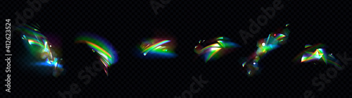 Crystal rainbow lights, refraction effects of rays in glass or gem stone isolated on transparent background. Vector realistic set of bright reflection flare, shiny glare from diamonds