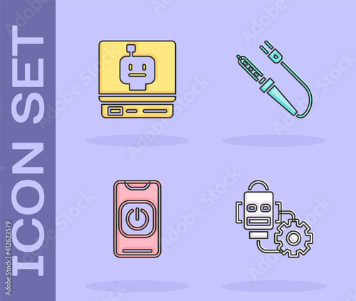 Set Robot setting, , Turn off robot from phone and Soldering iron icon. Vector.