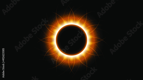 Sun Eclipse Orange Fire Dark Background Vector Moon Design Style Space Science Glow Light