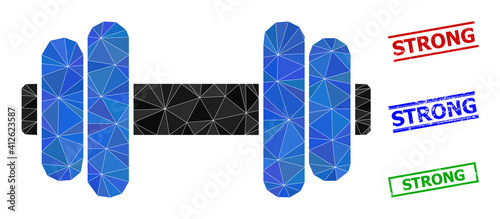 Triangle barbell polygonal icon illustration, and rubber simple Strong stamp imitations. Barbell icon is filled with triangles. Simple stamp seals uses lines, rects in red, blue, green colors.