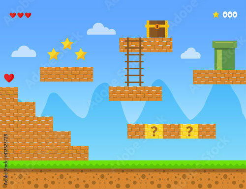 Old retro video game background. Platform arcade game design. Vector stock