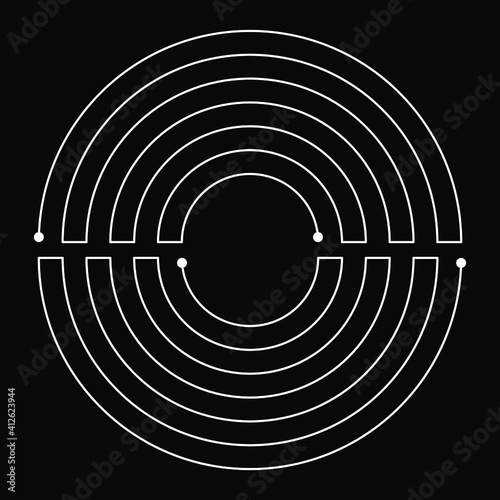 Abstract white continuous lines. Vector illustration. Design element for technology round logo, striped border frame, blackout tattoo, prints, monochrome pattern and abstract background