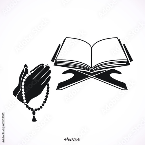 Koran islam religion book pattern isolated on light background. Hands holding a Muslim rosary. Vector icon. 