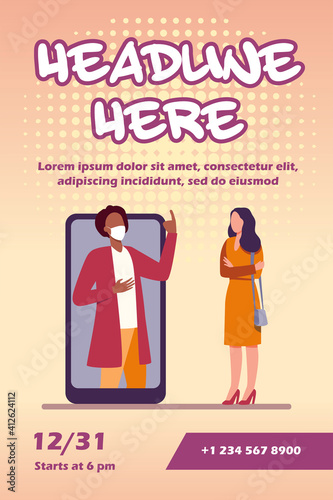 Man in mask on phone screen explaining something to woman. Smartphone, quarantine, virus flat vector illustration. Pandemic and protection concept for banner, website design or landing web page