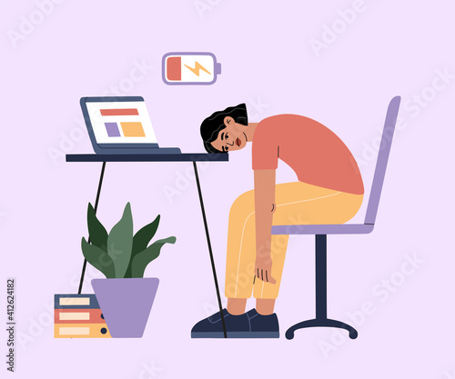 Woman tired of hard working, sleepy at work, girl at office sits by the table with laptop and procrastinating, unhappy person overworked, needs battery recharge. Modern trendy illustration, flat style